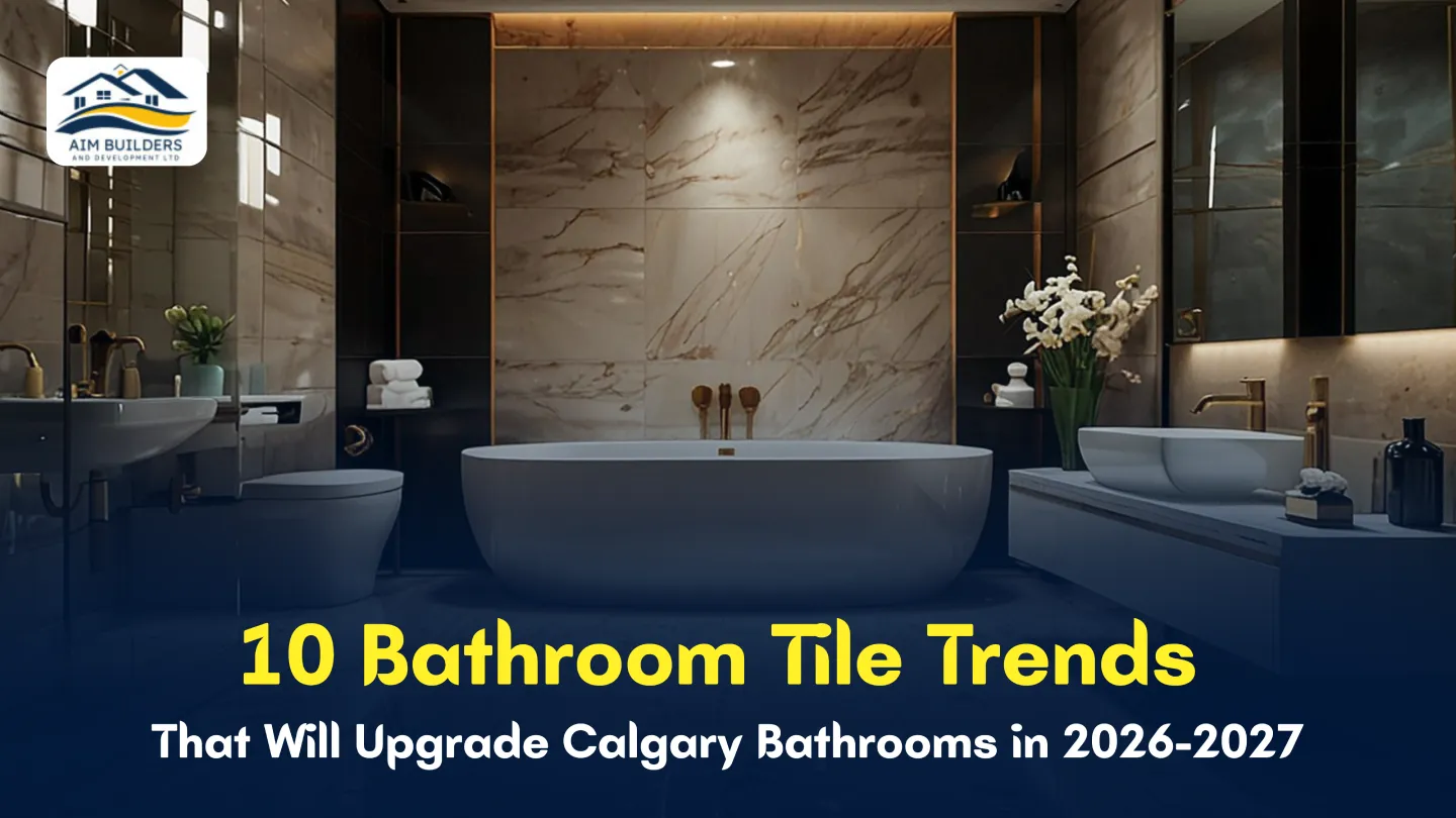Modern Calgary bathroom renovation with luxury bathtub and marble tiles.
